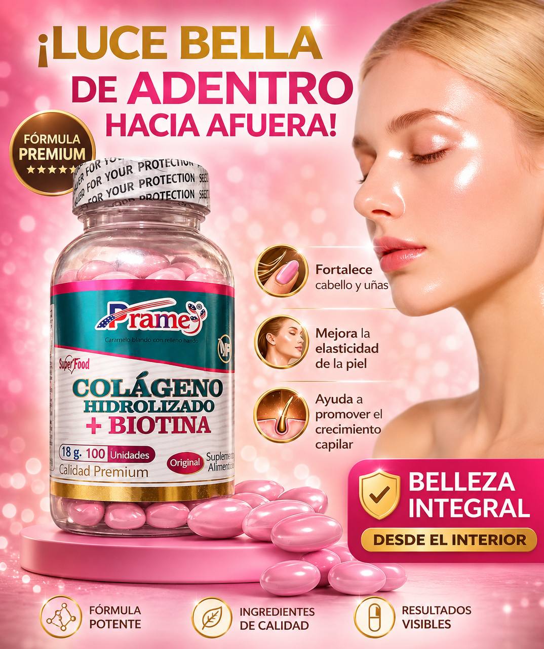 Colágeno Hidrolizado + Biotina PRAME, fórmula premium para piel, cabello y uñas